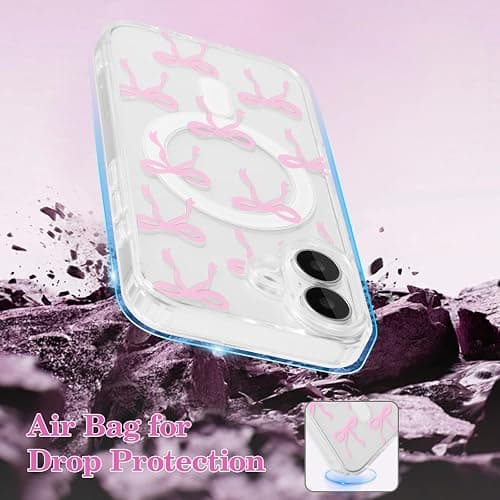 UEEBAI Magnetic for iPhone 16 Case, Bow Case Compatible with MagSafe, Wireless Slim Clear Ribbon Aesthetic Phone Cover Anti-Yellowing Shockproof Protective Cover for Women Girl - Pink thumbnail 6