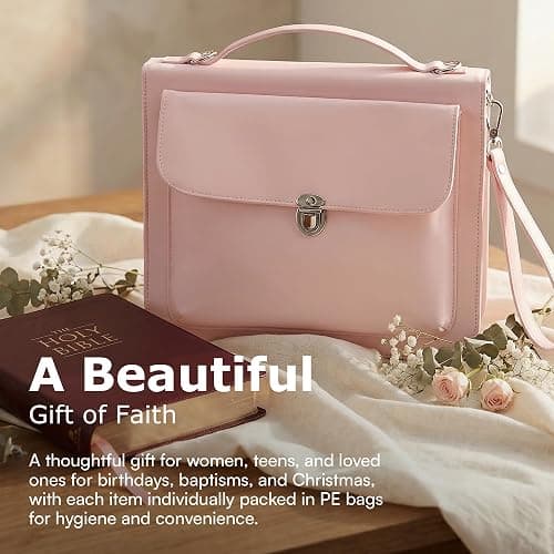 Bible Cover Case for Women - Bible Case with Shoulder Strap, Pink Bible Cover Standard Size Featuring Book Protector with Turn Lock Closure - Durable & Travel Friendly Design that Fits Most Bibles thumbnail 7