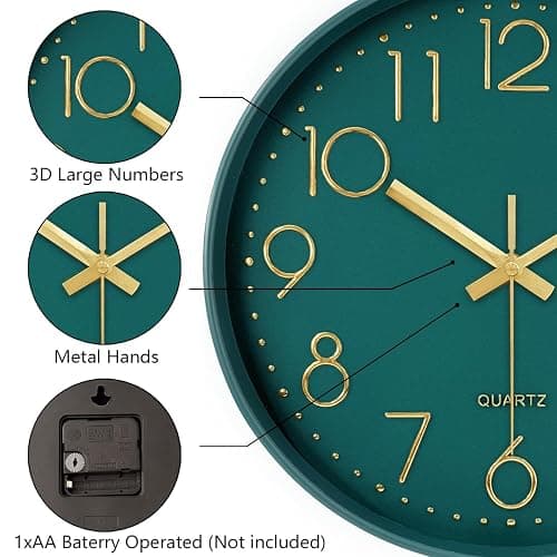 Mabpedo Modern Silent Wall Clock, 12 Inch Wall Clocks Battery Operated Large Number, Non-Ticking Analog Clock with Tempered Glass Quartz Clocks for Living Room Bedroom Office Kitchen, Dark Green thumbnail 6