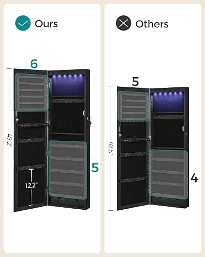 SONGMICS 6 LEDs Mirror Jewelry Cabinet, 47.2-Inch Tall Lockable Wall or Door Mounted Jewelry Armoire Organizer with Mirror, 2 Drawers, 3.9 x 14.6 x 47.2 Inches, Black UJJC093B01 thumbnail 7