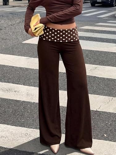 TELUPDI Womens Polka Dot Fold Over Yoga Pants Low Rise Wide Leg Flare Leggings Bell Bottom Lounge Y2K Foldover Pants thumbnail 3