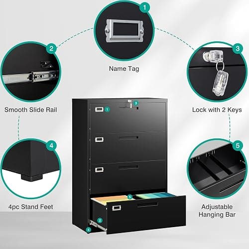 SISESOL 4 Drawer Lateral File Cabinet with Lock,Black Lateral Filing Cabinet,Horizontal Metal Filing Cabinets,Locked Wide Four Drawer File Cabinets for Office Home,Fit A4/F4/Letter/Legal File thumbnail 5