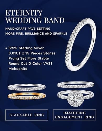 MomentWish Wedding Bands for Women, Moissanite Engagement Ring, Simulated Diamond Wedding Ring S925 Sterling Silver Eternity Rings thumbnail 3