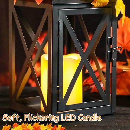 Bdor Fall Lanterns LED Candles 2 Pack 12 Inch Thanksgiving Decor Timer | Removable pumpkin and maple leaf accents, battery operated, tempered glass panels, autumn harvest and Thanksgiving decor thumbnail 4