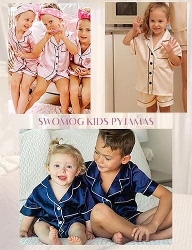 SWOMOG Kids Satin 2 Piece Pyjamas Sets Soft Short Sleeve Teen Girls Boys Sleepwear Button Down Top and Shorts Age 4-15 thumbnail 5