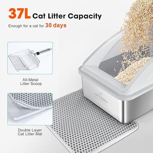 Stainless Steel Litter Box | XL Enclosed Cat Litter Boxes with Lid for Big Cats | High Sided, Anti-Urine Leakage | Non-Stick Bottom & Includes Litter Mat & Metal Scoop thumbnail 8