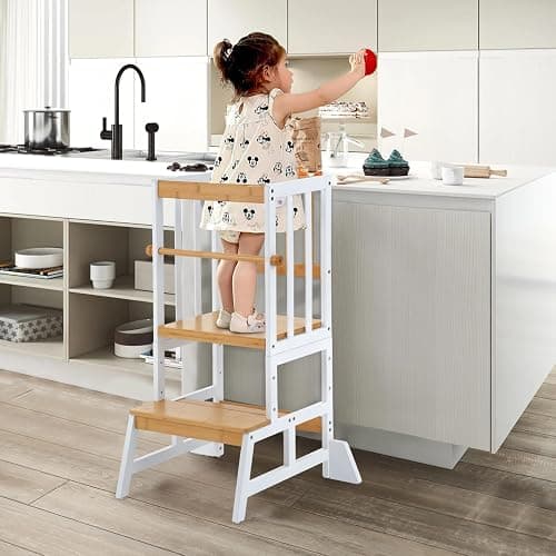 COSYLAND Height Adjustable Step Stool for Kids – Solid Bamboo Stool for Kitchen Counter, Compact & Sturdy (Wood & White) - Image 1