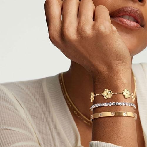 Womens Stackable Floral Gold Bracelets - 3Pcs 18K Gold Plated Bracelet,Stainless Steel Bangle Bracelets Non Tarnish, Gold Bracelet Set Trendy Jewelry,Christmas Valentines Birthday Gifts for Girlfriend thumbnail 2
