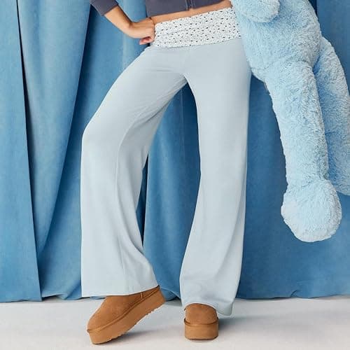 Yoawdats Fold Over Yoga Pants for Women Wide Leg Sweatpants Low Rise Flare Lounge Pant Bell Bottoms Y2K Foldover Pants thumbnail 4