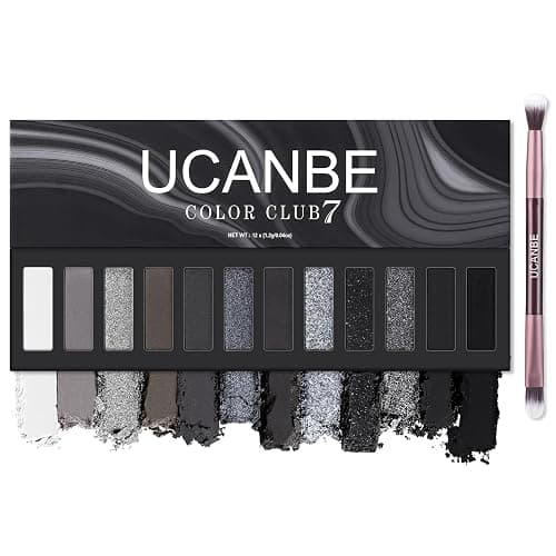 UCANBE Smokey Eyeshadow Palette, Dark Black White Gray Silver Natural Nude Matte Shimmer Eye Shadow Pallet for Smoky Emo Goth Makeup, 12 Color High Pigmented Long Lasting Waterproof Pallete with Brush - Image 1