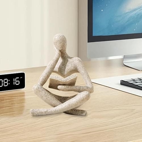 UTTCMK Bookshelf Decor Thinker Statue - Abstract Art Reading Thinker Sculpture Figurine Aesthetic, Modern Home Decoration for Living Room Office Shelves Coffee Table Desk Decor(Beige) thumbnail 2