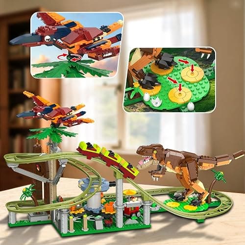 HOGOKIDS Dinosaur Roller Coaster Building Set - 1222PCS Rollercoaster Building Toy with 4 Dinosaur, Off-Road Vehicle, Food Cart, Dinosaur Models Playset Gift for Adults Kids Girls Boys Ages 8-12 Year thumbnail 6