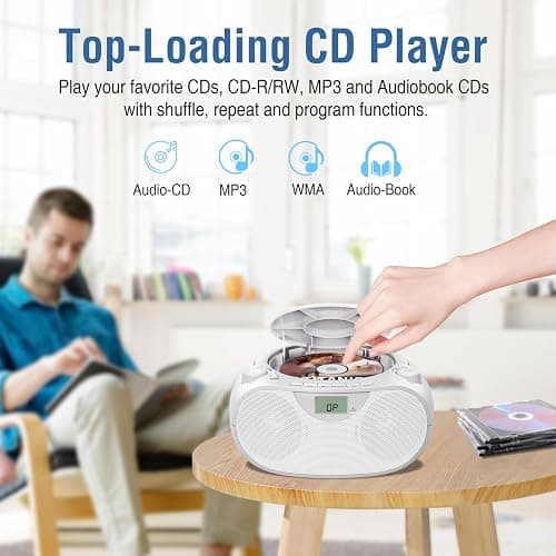 Nextron Portable CD Player Boombox with Bluetooth, AM/FM Radio & USB | CD-R/RW, MP3-CD & USB Playback, Stereo Sound, Bass Boost, AUX Input, Headphone Jack, LCD Display, AC/Battery Powered - White thumbnail 4