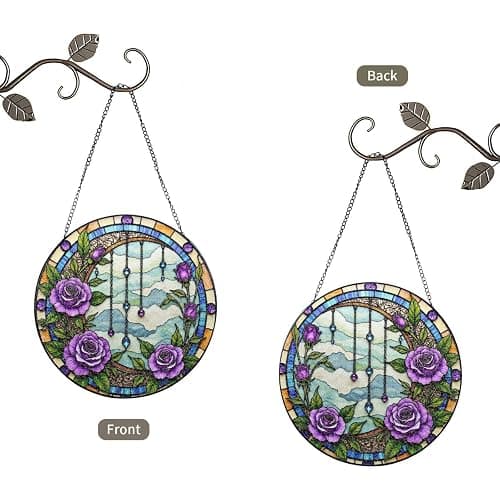 Purple Roses and Gemstone Chains Stained Glass Suncatcher 6in | Window Hanging Home Decor Metal Frame Hanging Chain Garden Decor Birthday Housewarming Gift thumbnail 7