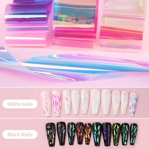 Aurora Glass Paper Nail Art Sticker 10 Sheets Gradient Laser Broken Glass Paper Nail Decals Reflective Mirror Design Cellophane Nail Supplies for Girls Women DIY Nail Art Decoration thumbnail 3