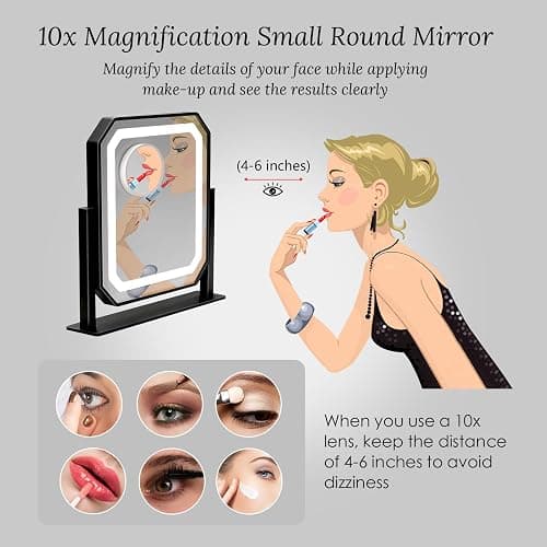 Lighted Makeup Mirror, 3 Colors for Precise Application, Touch Control Brightness Adjustment for Easy Use, with a Detachable 10x Magnifying Mirror, 13.4“ x 12” Hollywood Vanity Mirror for Plug-in Use thumbnail 6