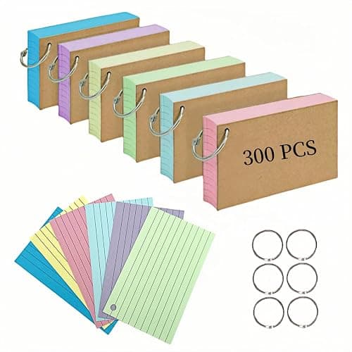 Flash Cards 300 PCS Revision Cards 3x5 Inch Kraft Paper Notecards with 6 Metal Binder Ring Multicolor Double Sided Flshcards for Office Home School Learning Record - Image 1