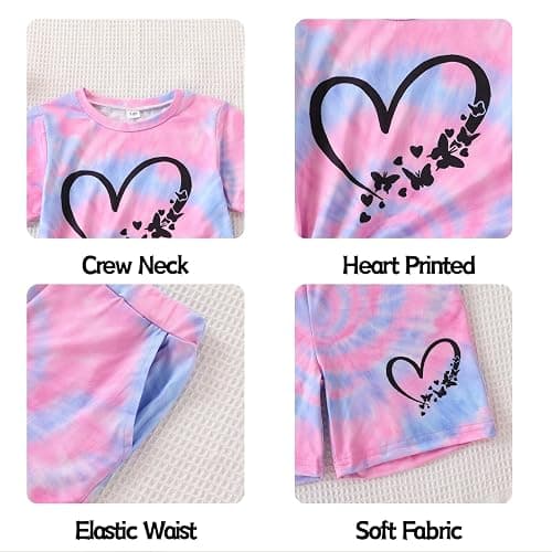 GOLLUNER 7-14Y Tween Girl Clothes 2 Piece Short Sleeve Tie Dye Heart Print Top and Shorts Teen Girl Summer Outfits Short Set thumbnail 5