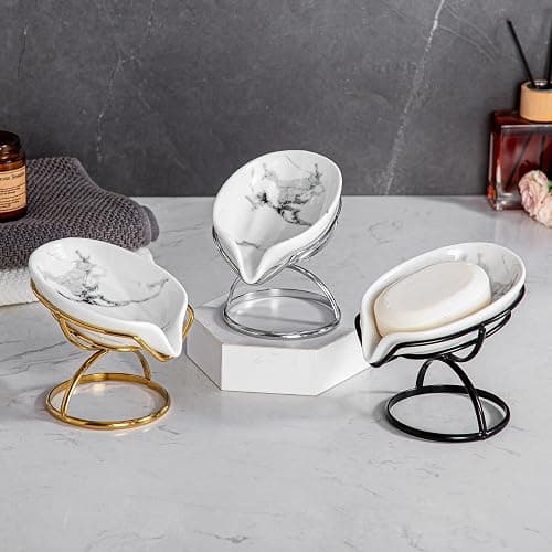 Leaf-Shaped Ceramic Soap Dish with Drain, Holder, Saver, Tray, Bar Soap Holder, Easy Cleaning, for Shower Bathroom Kitchen Sink Bathtub, Pro-Environment White thumbnail 7