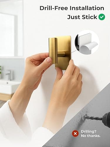 GWAAZXGZ Towel Hooks for Bathrooms – 2 Pack, Brushed Gold Finish, T-Shaped Stainless Steel Adhesive Wall Hooks for Robes & Towels in Kitchen, Shower, or Closet thumbnail 3