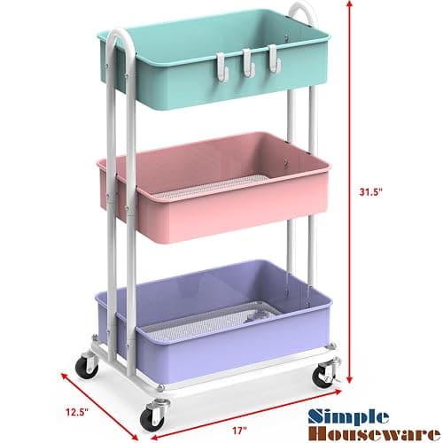 Simple Houseware 3-Tier Heavy Duty Metal Utility Rolling Cart, Multicolor thumbnail 3
