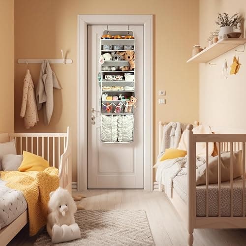 Door Hanging Storage Organizer,with 3 Bins 1 Movable Baby Diaper Caddy,1 Large capacity diaper stacking storage Organizer,10 Side Pockets ,Bedroom Door Storage for Nursery Baby Essentials.Grey 1 Pack. thumbnail 2