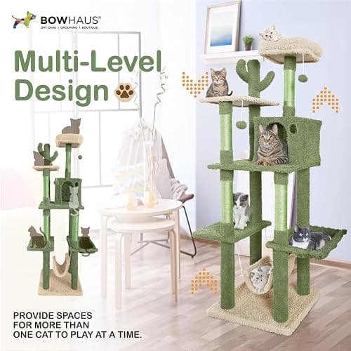 CAPHAUS Cactus Cat Tree for Indoor Cats, Cute 70-Inch Cat Climbing Play Tower with Top Perch for Large Cats Kittens, Multi-Level Cat Activity Tree with Scratching Posts, Hammock, Cat Cave Condo thumbnail 3