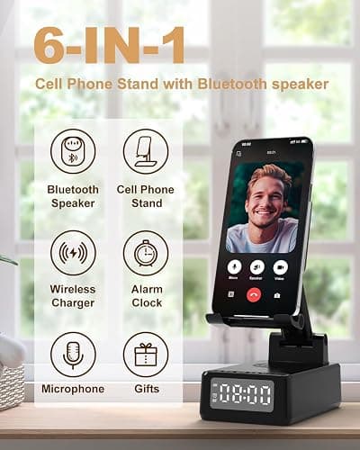 Gifts for Men Cell Phone Stand with Wireless Bluetooth Speaker and Wireless Charger, Phone Charger Stand with Digital Alarm Clock for iPhone, Birthday Gifts for Men,Boyfriend,Dad,Women,Christmas thumbnail 3