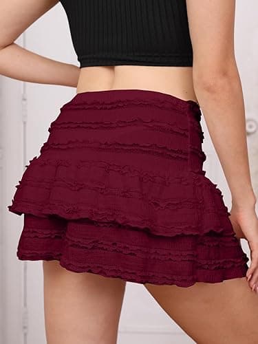 Women's Pleated Ruffle Mini Skirt Lace High Waist Layered Flared Flowy Tiered Short Skirt thumbnail 4