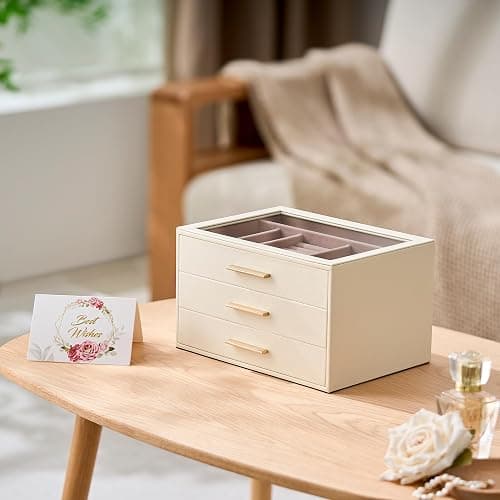 pickpiff Jewelry Box Organizer Case for Women: 3-Layer Jewelry Storage Case with Glass Window, Ivory Leather with Pink Velvet, Holder for Ring Necklace Bracelet Brooch Watch, Great Gift for Her thumbnail 7