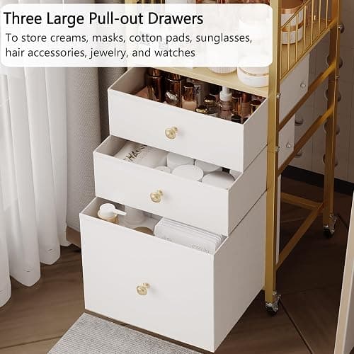 Makeup Organizer Cart with Drawers, Floor Skincare Organizers Make Up Organizers-Vanity Organizer Cosmetic Display Cases Holder for Skin Care Perfume Nail Polish Brush Hair Tool（Gold） thumbnail 4
