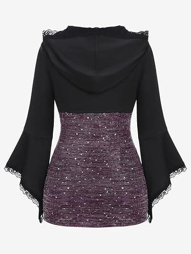 ROSE GAL Women Plus Size Gothic Punk Lace Panel Bell Sleeves Chains Hooded Strug and Textured Tank Top Set thumbnail 2