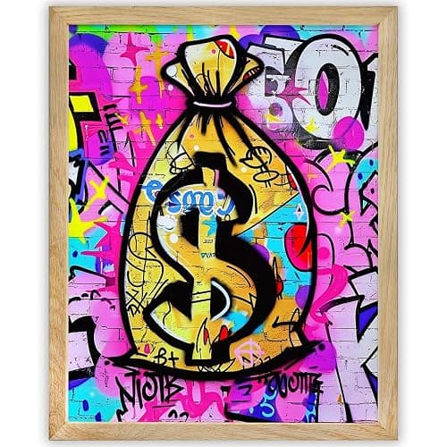 Show Me The Money: 11x14 Framed Poster - Dollars Graffiti Wall Illustration - Urban Art for Street Art Fans, Graffiti Culture - Man Cave Decor, Cash Bag & Motivational Home Office Décor - Image 1