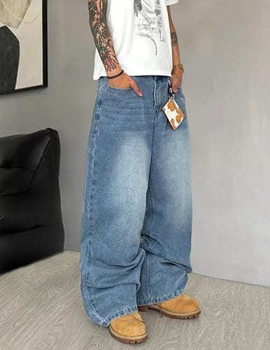 QGRSWBC Mens Wide Leg Jeans Super Baggy Pants Y2k Loose Fit Denim Jeans Skater Trousers Streetwear thumbnail 4