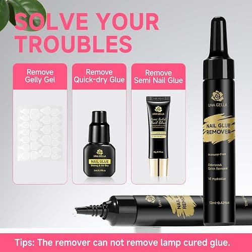 UNA GELLA Quick Removal Gel Nail Glue Remover for Press On Nails: Acrylic Nails Semi Solid Nail Glue Acetone-Free, Not for Gel Polish Base Coat Soak Off Remover Kit Drip Use, 12ml*2pcs thumbnail 4