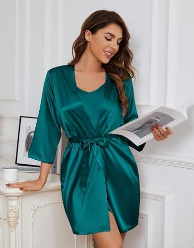 SAPJON Silk Pajamas for Women 5Pcs Sleepwear Loungewear Satin Robe Cami Shorts Pj Set thumbnail 4