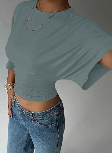 LOLONG Womens Crew Neck Half Sleeve Ruched Shirts Summer 2026 Casual Cinched Waist Crop Tops thumbnail 4