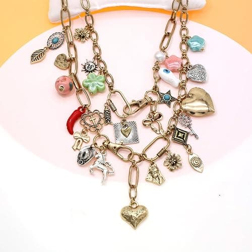 JNF Chunky Layer Heart Charm Necklace for Women Boho Heart Sun Flower Key Coins Charms Necklaces Paperclip Link Chain Necklace Y2K Statement Jewelry thumbnail 2