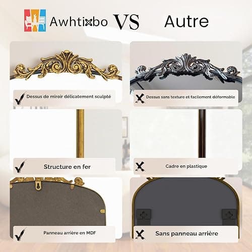 Awhtixbo Miroir Baroque Antique Doré - Miroir Murale Vintage avec Forme Arche Doré pour Hall, Salon & Salle de Bain, 40x61cm thumbnail 3