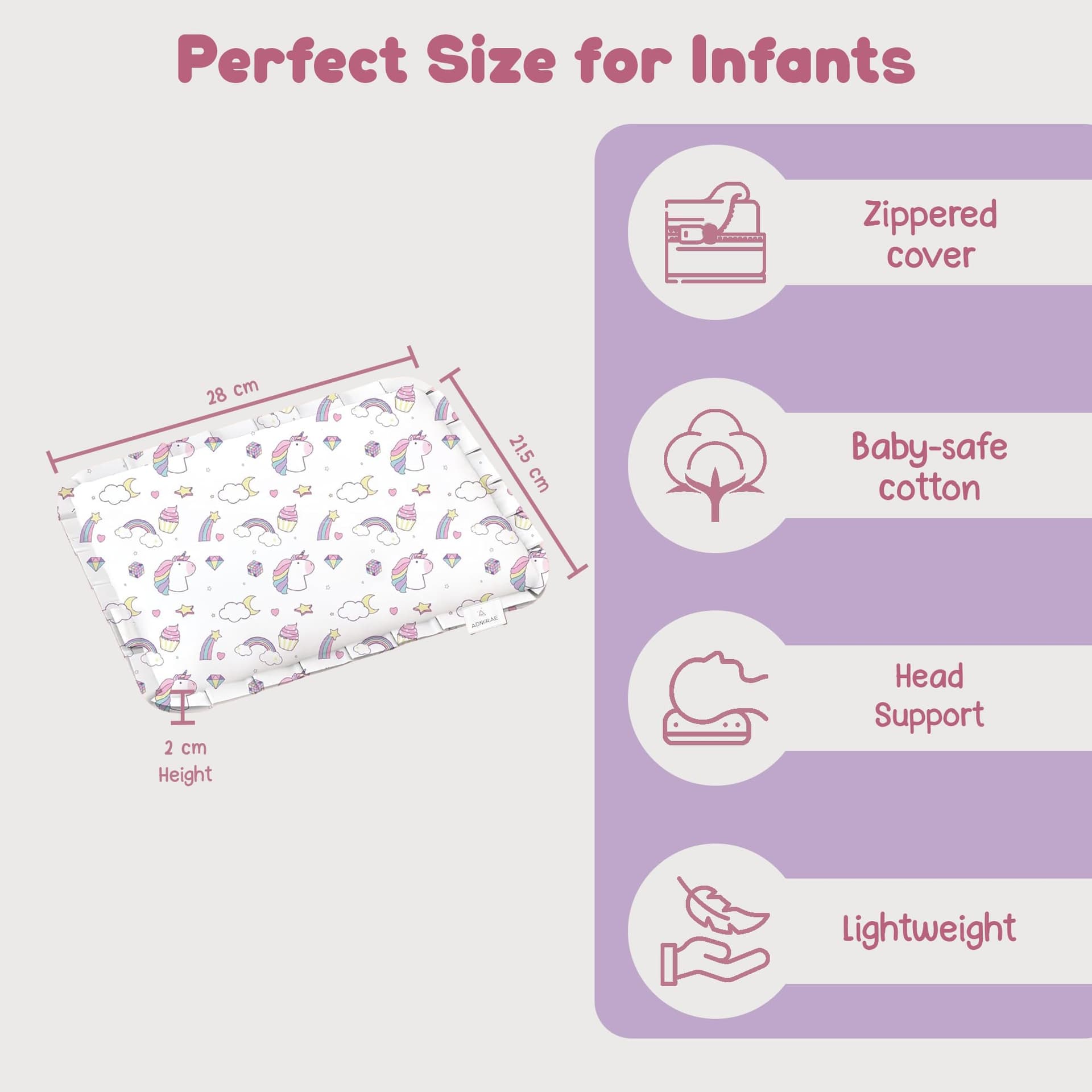 Rai Mustard Seeds Pillow for Baby Head & Neck Comfort, Soft Cotton Cover with Inner Lining, Lightweight Flat Pillow for Resting & Gifting for Baby Shower, 28 x 21.5 x 2cm | Unicorn Print thumbnail 2