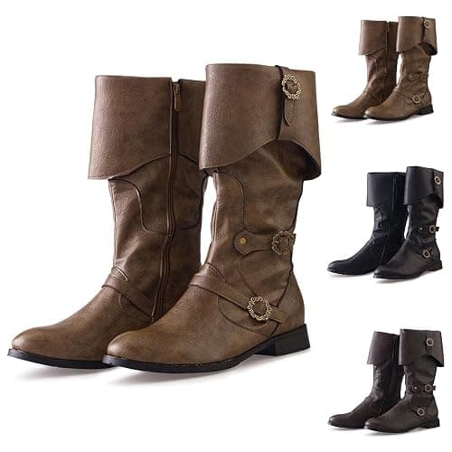Pirate Costume Boots for Womens Renaissance Pull On Mid Calf Gothic Boot Flat Jazz Boots Halloween Gothic Button Leather Shoes thumbnail 4