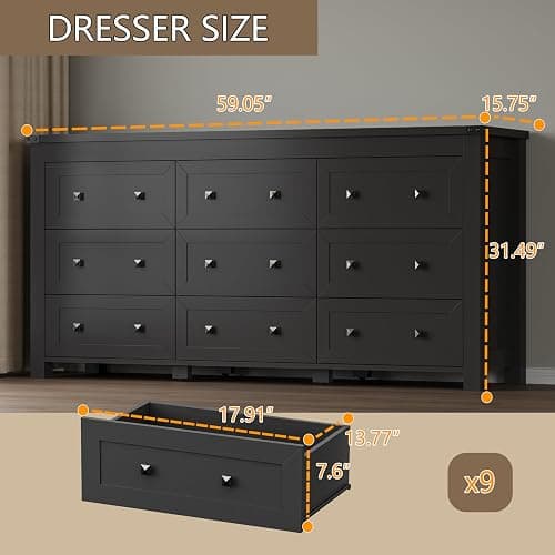 BORNOON 9-Drawer Dresser, Modern Wooden Storage Chest of Drawers, Dresser TV Stand, Wood Drawer Organizer with Metal Handles for Bedroom, Living Room, Hallway thumbnail 2