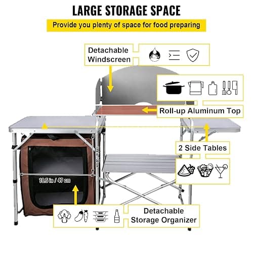 VEVOR Camping Kitchen Table, Aluminum Portable Folding Camp Cook Station with Windscreen, Cupboard, Storage Organizer, Carrying Bag, Quick Installation for Outdoor Picnic Beach BBQ RV Traveling, Brown thumbnail 4