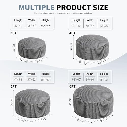6 FT Bean Bag Chair,6' Big Bean Bag,Giant Bean Bag Chairs for Adults | Comfy Large Beanbag Chairs with Memory Foam Filled,Soft Bean Bag Sofa with Machine Washable Corded Plush Cover-Grey thumbnail 2