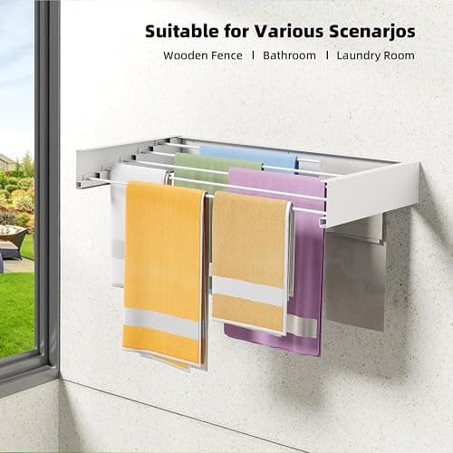 Laundry Drying Rack Collapsible, Wall Mounted, Clothes Drying Rack, 31.5" Wide, 13.2 Linear Ft, 5 Aluminum Rods, 60 lb Capacity, Laundry Racks for Drying Clothes with Wall Template(White 31.5" ) - White - 31.5'' thumbnail 7