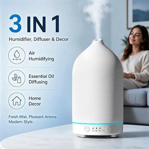 Gooamp 200ML Ceramic Essential Oil Diffuser for Home, Stone Diffuser | Ultrasonic Aromatherapy Diffuser & Air Humidifier for Bedroom, Office, Yoga, 7 LED Lights, Auto Shut-Off, 3 Timers, White thumbnail 4