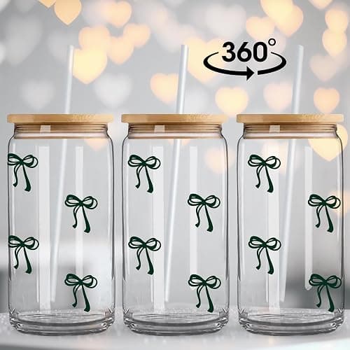 BIPEDS Cute Black Bow Glass Cup with Lid and Straws, Iced Coffee Smoothie Matcha Cup Tumbler, Birthday Gifts for Women Coffee Lover Teenage 13 14 15 16 17 18 19 years old Teen Girl Gifts Trendy Stuff thumbnail 4
