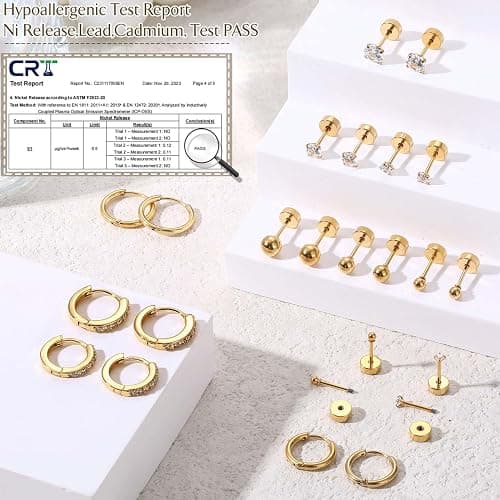 Jstyle 9 Pairs Earrings Sets for Multiple Piercing Hypoallergenic 14K Gold Plated Small Huggie Hoop Earrings for Women Tiny Ball CZ Gold Flat Back Stud Earrings for Women Lobe Helix Cartilage Earrings - Gold Tone thumbnail 3