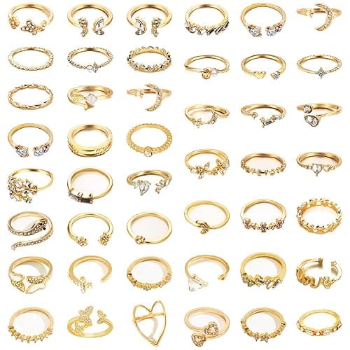 NEWITIN 45 Pieces/65 Pieces Gold Knuckle Rings Set for Women Stackable Ring Adjustable Boho Joint Finger Midi Ring Hollow Carved Crystal Stacking Rings Pack - Gold/45 Pieces