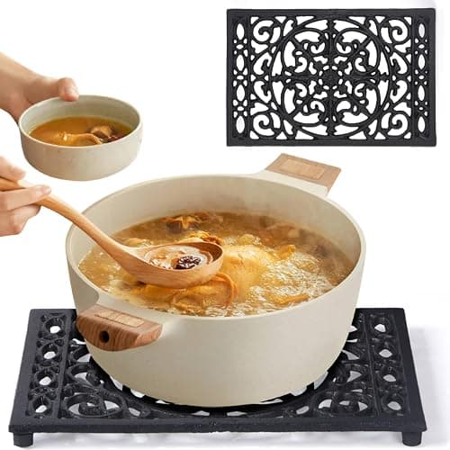 Notakia 9.6 x 6.3 Inch Cast Iron Trivet Set, Large Metal Trivets for Hot Dishes Pots Pans Decorative Kitchen Trivets, Heat-Resistant Trivet Mats for Quartz Countertops, Table Cooktop (Black, 2 Pack) - Image 1